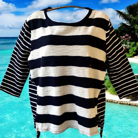 Navy Blue & White Striped Top Double Sided High/Low 3/4 Sleeve by Merona - Picture 2 of 13